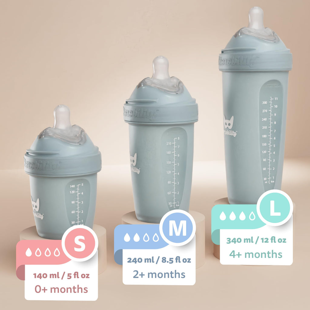 Herobility Anti-Colic Baby Bottles 12 fl oz/340ml - Pack of 4 Plastic Baby Bottles, Fast Flow Plastic Bottles, Breast-Shaped Teat for Breastfed Babies - Multicolor - Sand, Woodchuck, Pink, White
