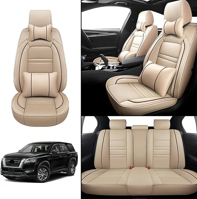 Car Seat Covers for Nissan Car Pathfinder 2000-2025 | 5-Seats Seat Covers, Waterproof Seat Protectors, Automotive Seat Covers (Full Set with Pillow,Beige)