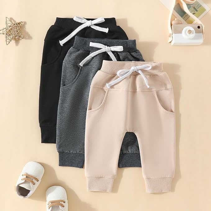 Sejardin Toddler Baby Boy Girl Pants 3 Pack Solid Color Elastic Waist Jogger Sweatpants Newborn Infant Casual Bottoms