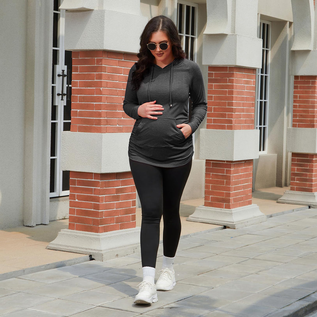 GINKANA Womens Maternity Hoodie Top Sweatshirt Long Sleeve Pregnancy Tunic Top,Dark Grey,Medium