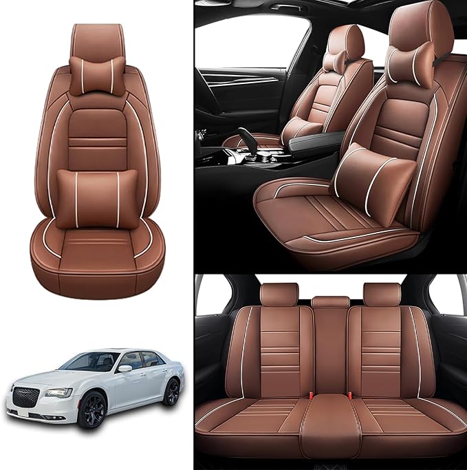 Car Seat Covers for Chrysler Car 300 2005-2023 | 5-Seats Seat Covers, Waterproof Seat Protectors, Automotive Seat Covers (Full Set with Pillow,Coffee)