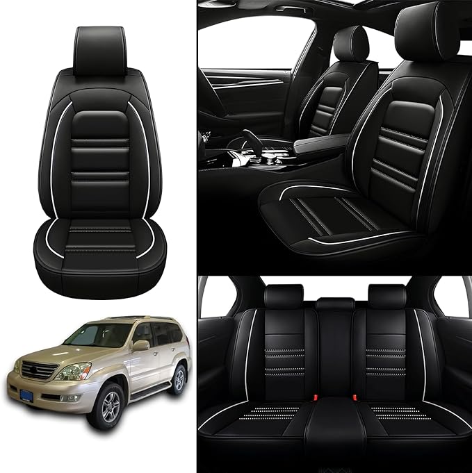 Seat Covers for Lexus Car gx470 2003-2009 | 5-Seats Leather Seat Covers, Easy to Install Automotive Seat Covers Full Set (Full Set, Black&White Line)