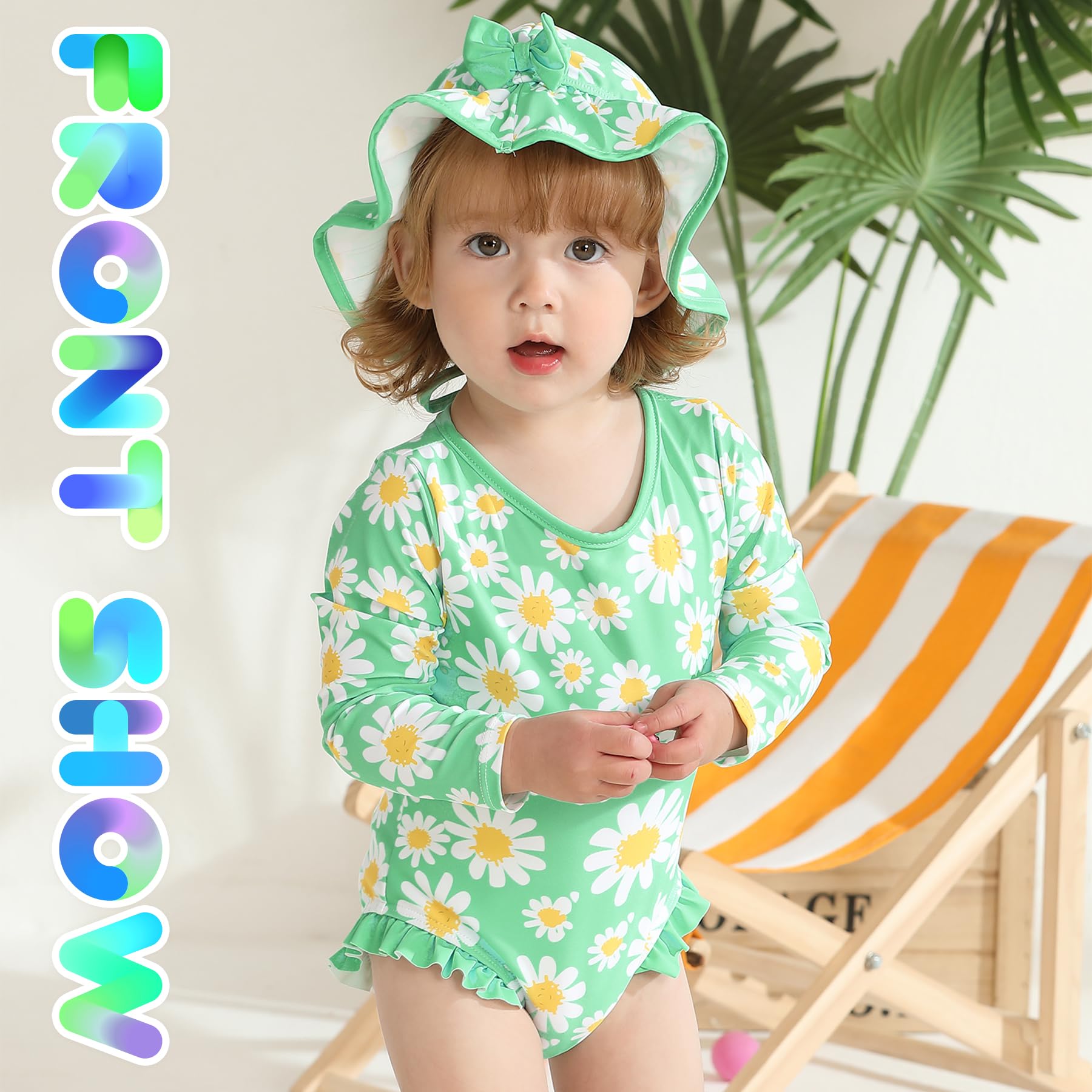 Infant Baby Girls Long Sleeve One Piece Swimsuit with Hat Floral Zipper Bathing Suit Leopard Beach Wear (Green Edged Daisy，3-6Months)