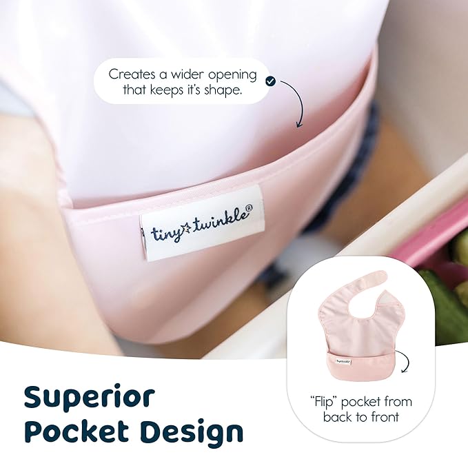 Tiny Twinkle Mess Proof Baby Bibs for Eating – Waterproof, Wipeable Toddler Bibs with Pocket – Baby Food Bibs for Girls & Boys(3 Pack,Taupe, Rose)