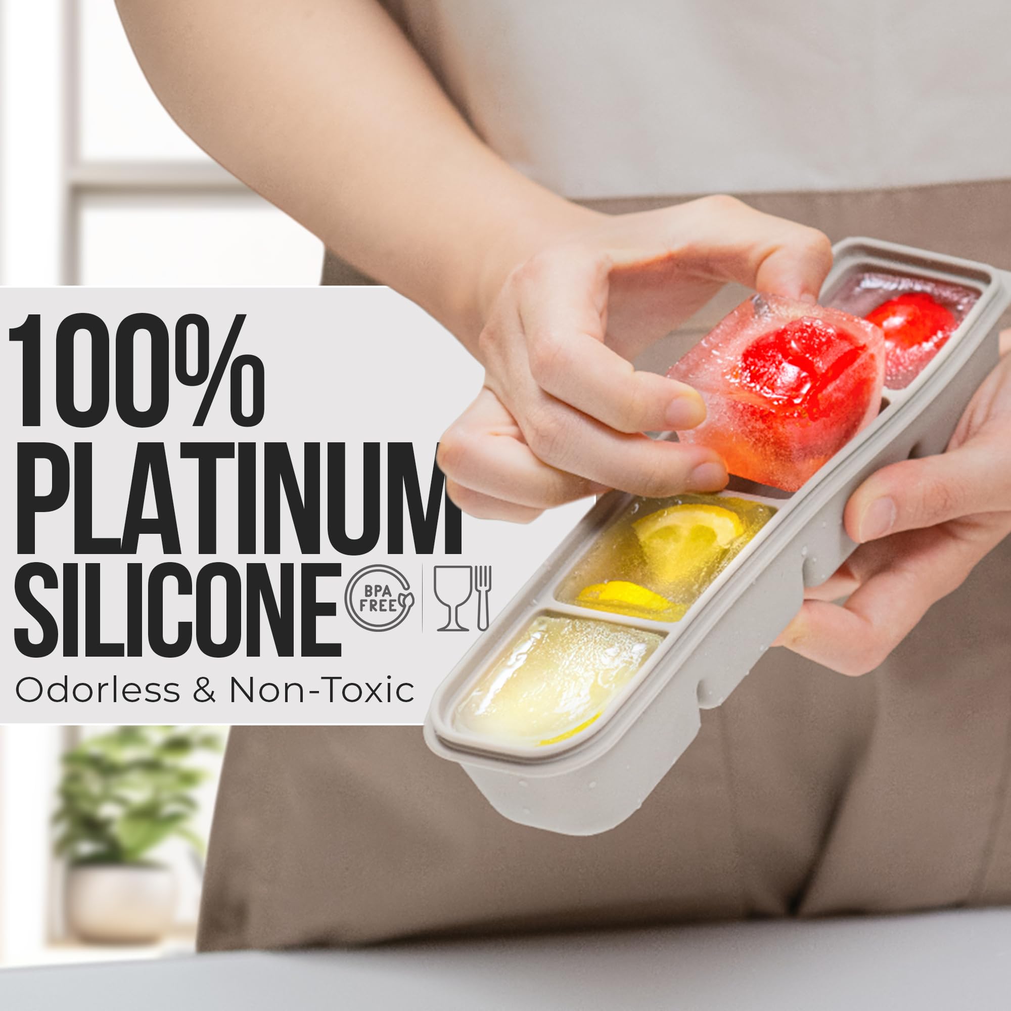 Firgi 1.7 oz/4 Sections Silicone Ice Cube Freezer Tray with Lid, 100% Food-Grade Platinum Silicone,Leak Resistance & Dishwasher Safe for Baby Food Prep,Breast Milk,Purees - Korean Made, Beige