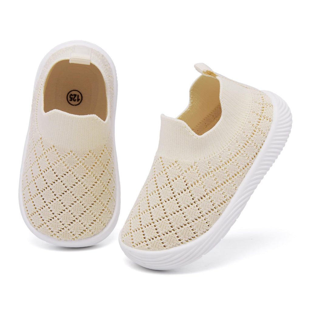 MORENDL Toddler Shoes Baby Walking Sock Shoes Non-Slip Breathable Boys & Girls Sneakers Infant Tennis Shoes Mesh Beige Size 12