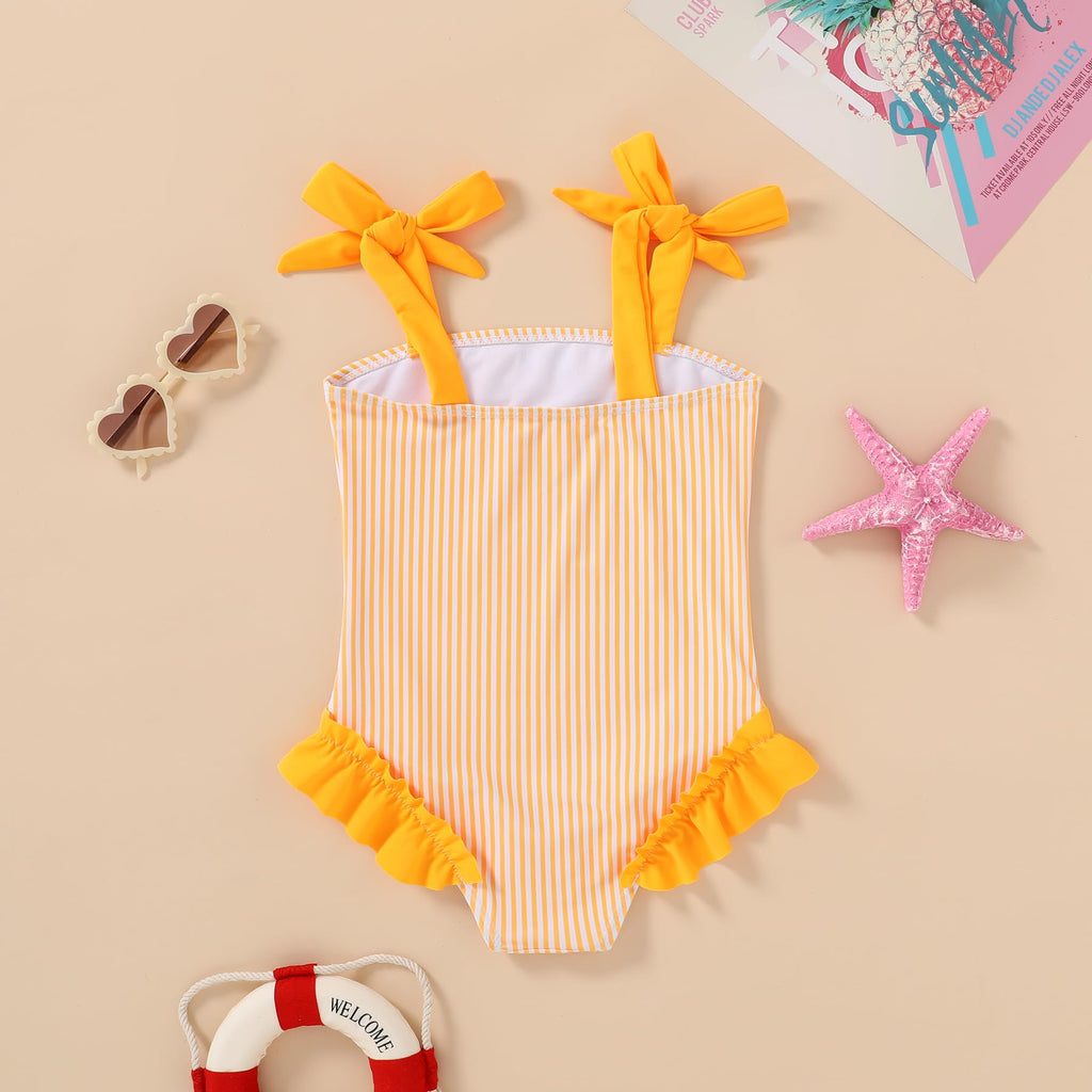 Happy Town Toddler Swimsuit Girl Solid Color Stripe One-Piece Baby Bathing Suits (Yellow Stripe, 4-5 Years)