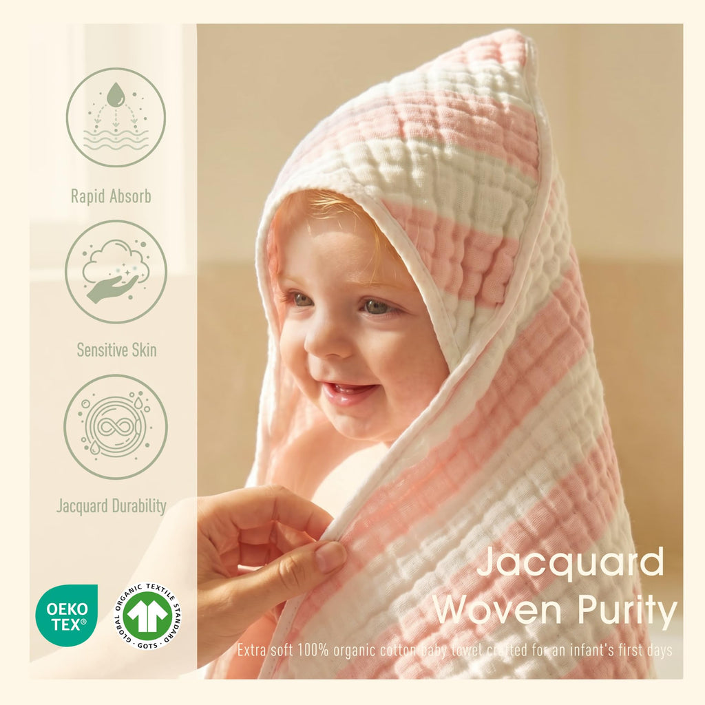 HardNok Organic Muslin Hooded Baby Bath Towel 4pc for Newborn - Pink Stripe