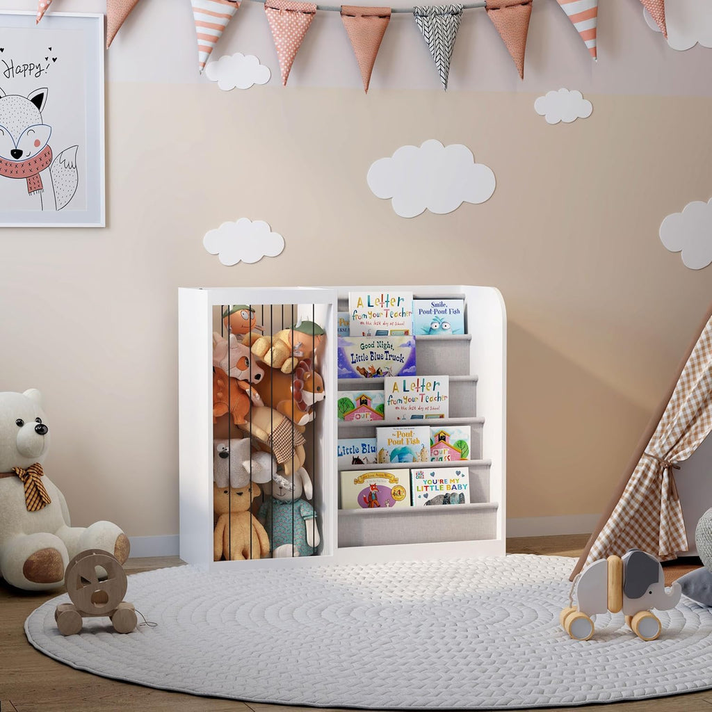 HedoAjim White Kids Bookshelf & Stuffed Animal Net Holder Plush Toy Storage Organizer Child Bookcase Toddler Baby Sling Book Rack for Playroom Bedroom Nursery Infant Boys Girls Classroom