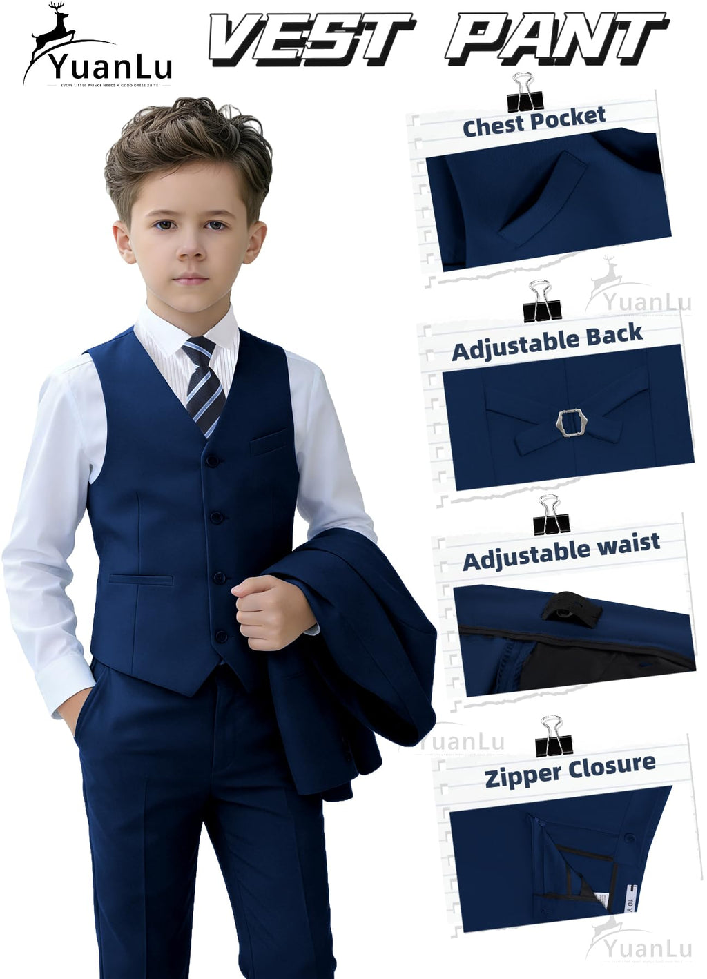 YuanLu Boys Tuxedo Kids Slim Fit Dress Outfit Navy Blue Youth Suit Size 10