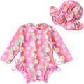 Infant Baby Girl Swimsuit One-Piece Long Sleeve Rash Guard with Hat Set Floral Zipper Bathing Suit Leopard Beach Wear