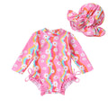 Infant Baby Girl Swimsuit One-Piece Long Sleeve Rash Guard with Hat Set Floral Zipper Bathing Suit Leopard Beach Wear