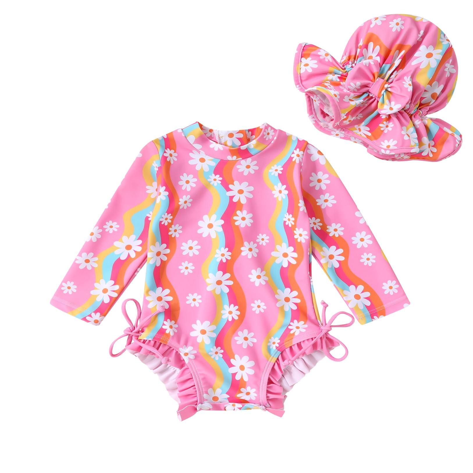Infant Baby Girl Swimsuit One-Piece Long Sleeve Rash Guard with Hat Set Floral Zipper Bathing Suit Leopard Beach Wear
