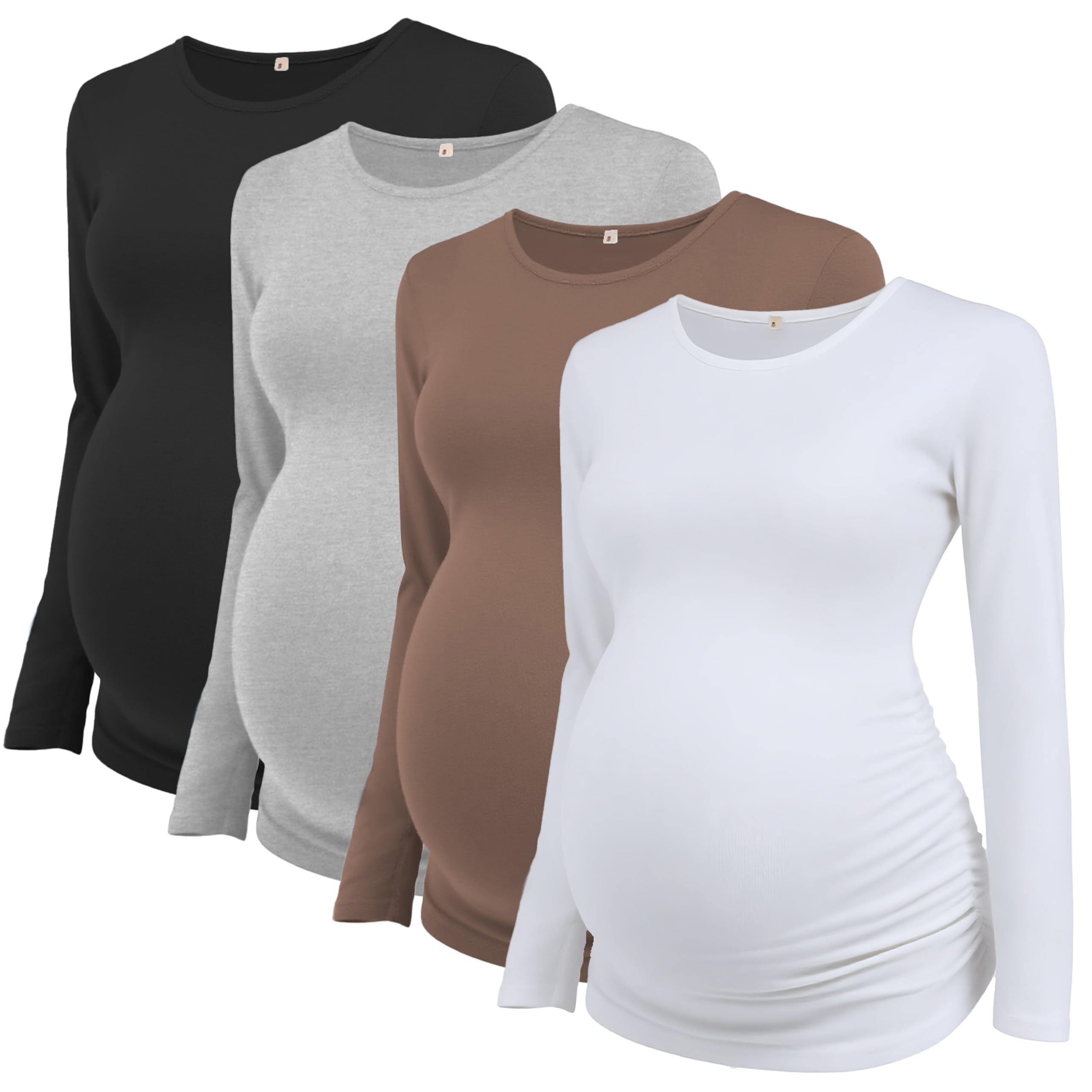 Ecavus Women's 4-Pack Maternity Shirts Long Sleeve Soft Stretchy Pregnancy Tops Side Ruched Casual Mama Clothes
