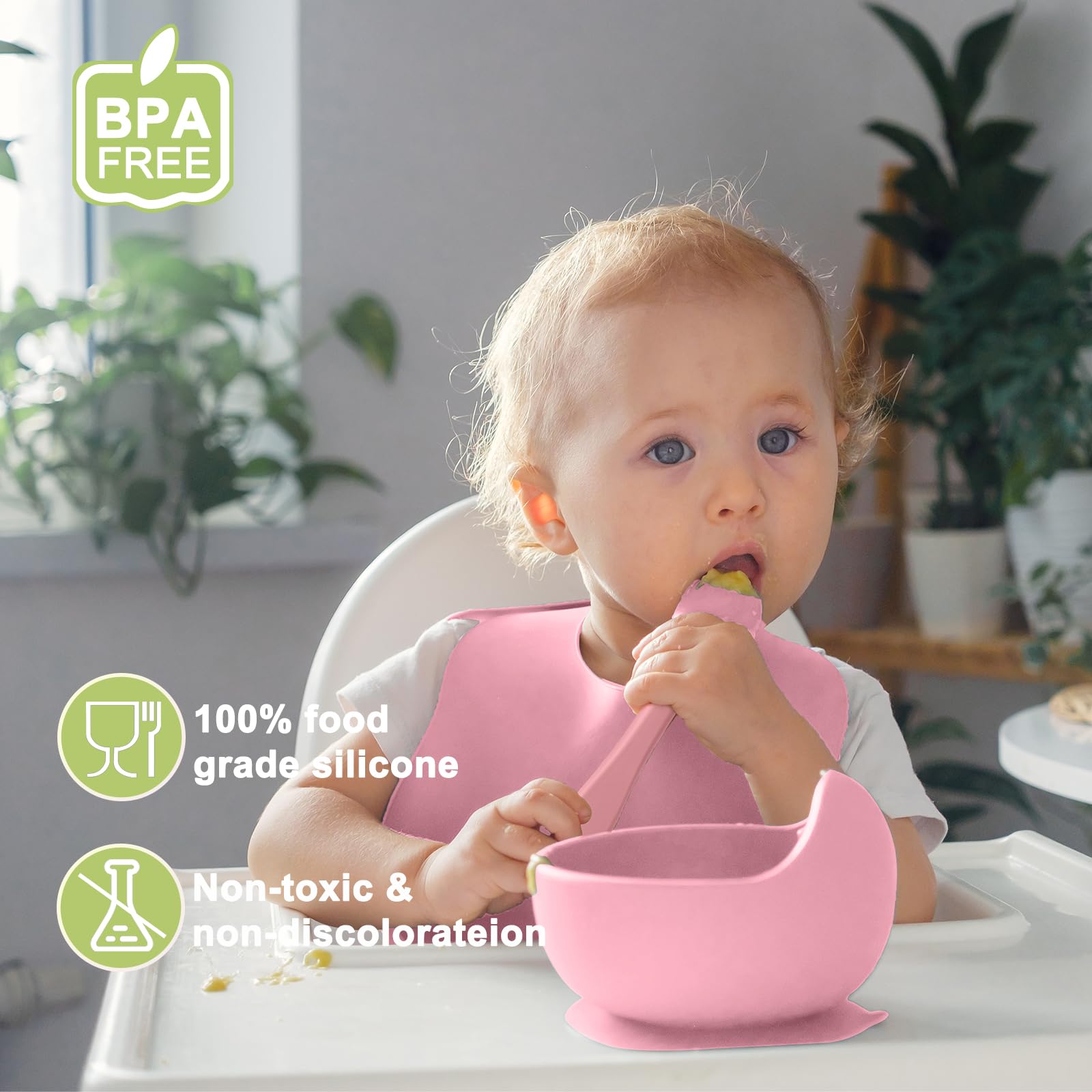 Munlinder Silicone Baby Feeding Set | Baby Led Weaning Supplies Includes Suction Bowls and Divided Plates, Adjustable Bib, Baby Utensils Spoons and Forks,Cup | Baby Feeding Essentials (Pink)