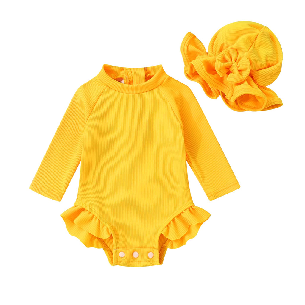 YOUNGER TREE Infant Baby Girls Swimsuit Long Sleeve One Piece Swimsuit Solid Color Bathing Suit with Hat, UPF 50+ (Yellow, 0-3 Months)