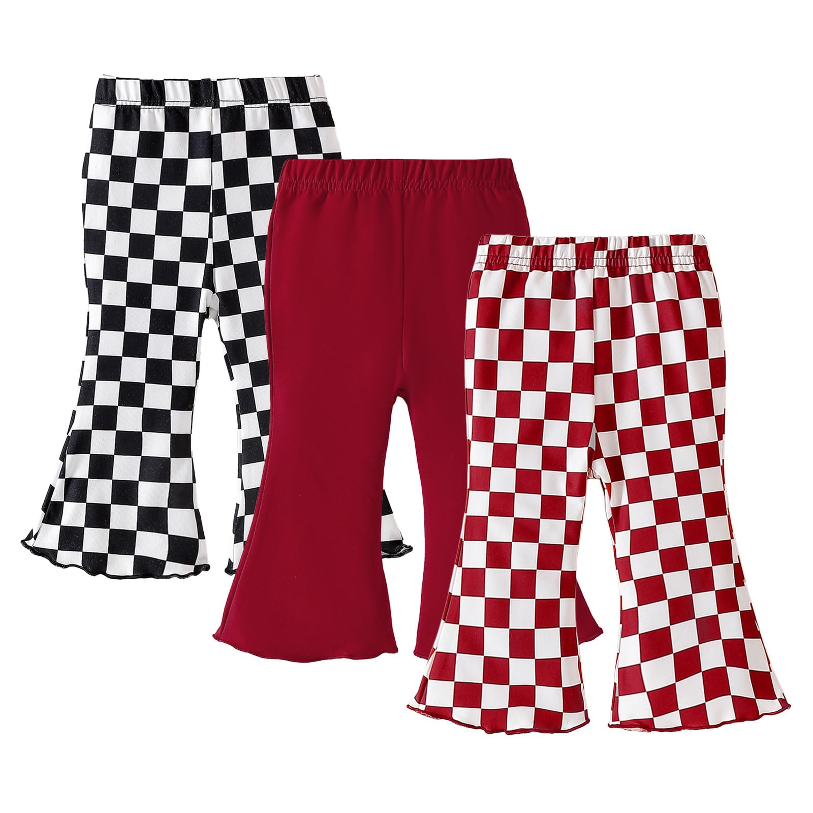 SOBOWO Checkered Baby Girl Flare Pants 3 Pack Toddler Bell Bottoms Plaid Ruffle Leggings Pants Fall Winter Outfits Size 6M-4T(6-9 Months, Black&White Plaid/Red/Red&White Plaid)
