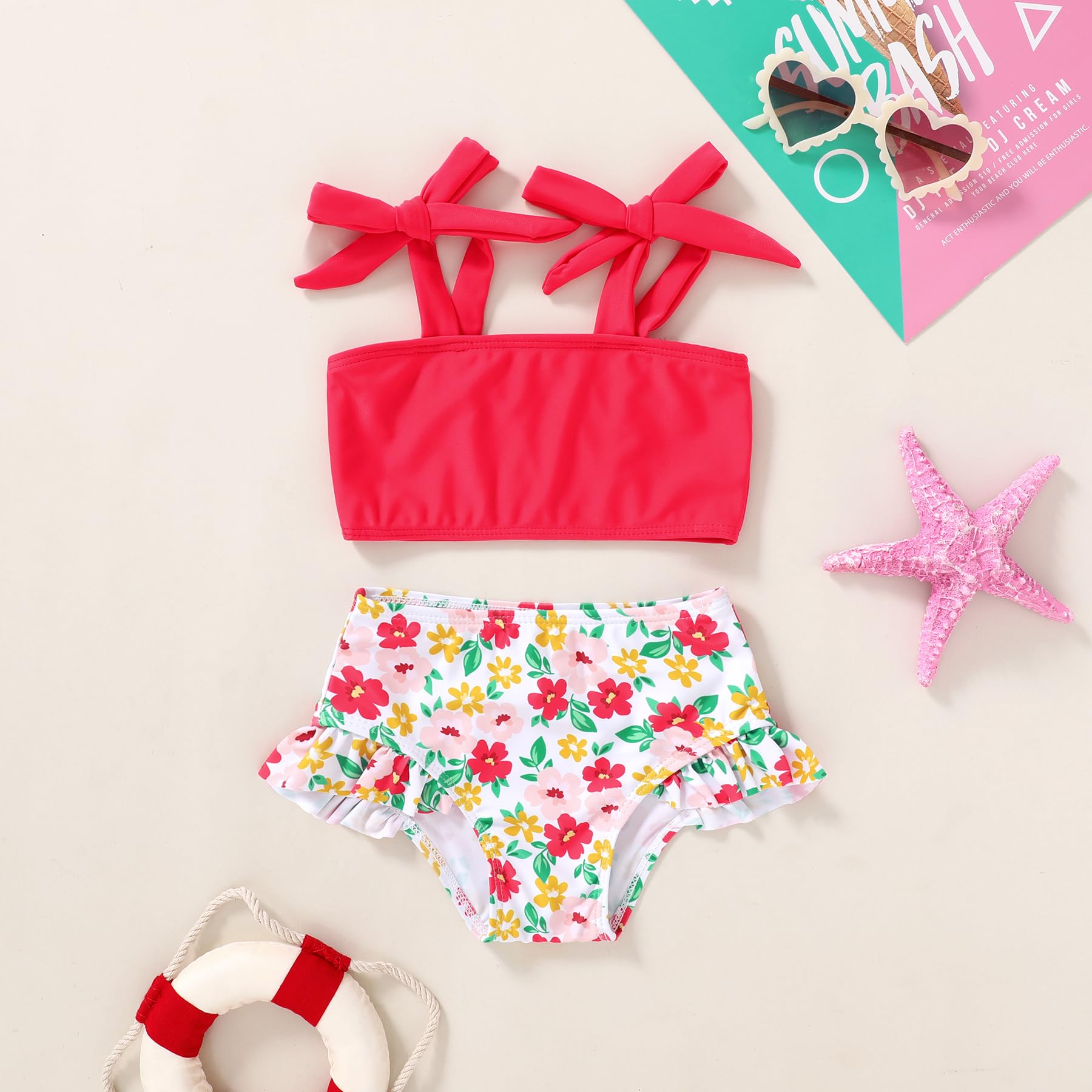 YOUNGER TREE Toddler Girls Two Pieces Swimsuit Color Block Stripe Swimwear Summer Beach Bathing Suit 18M-5T（Red#Flower 2-3T）