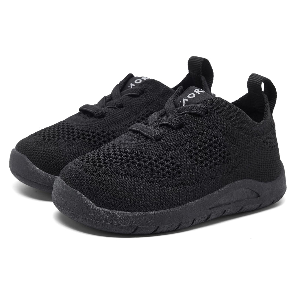 MORENDL Toddler Sneakers Baby Non-Slip Lightweight Breathable Barefoot Shoes Infant Tennis Walking Shoes Black Mesh 9-12 Months