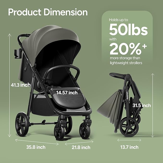 Mompush Nova Baby Stroller for Toddler, Infant & Newborn | Spacious Seat & Lie-Flat Mode | Compact One-Hand Fold, UPF 50+ Canopy & All-Wheel Suspension | Includes Rain Cover & Cup Holder, Green