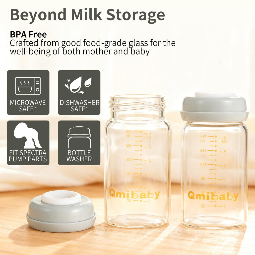 Qmibaby Glass Breastmilk Storage Bottles 180ml 6oz BPA-Free Leak-Proof Natural Baby Bottle for Breastmilk Storage Wide Neck Bottles with Screw Ring Sealing Disk Breastfeeding (Grey, 180ml-2Packs)