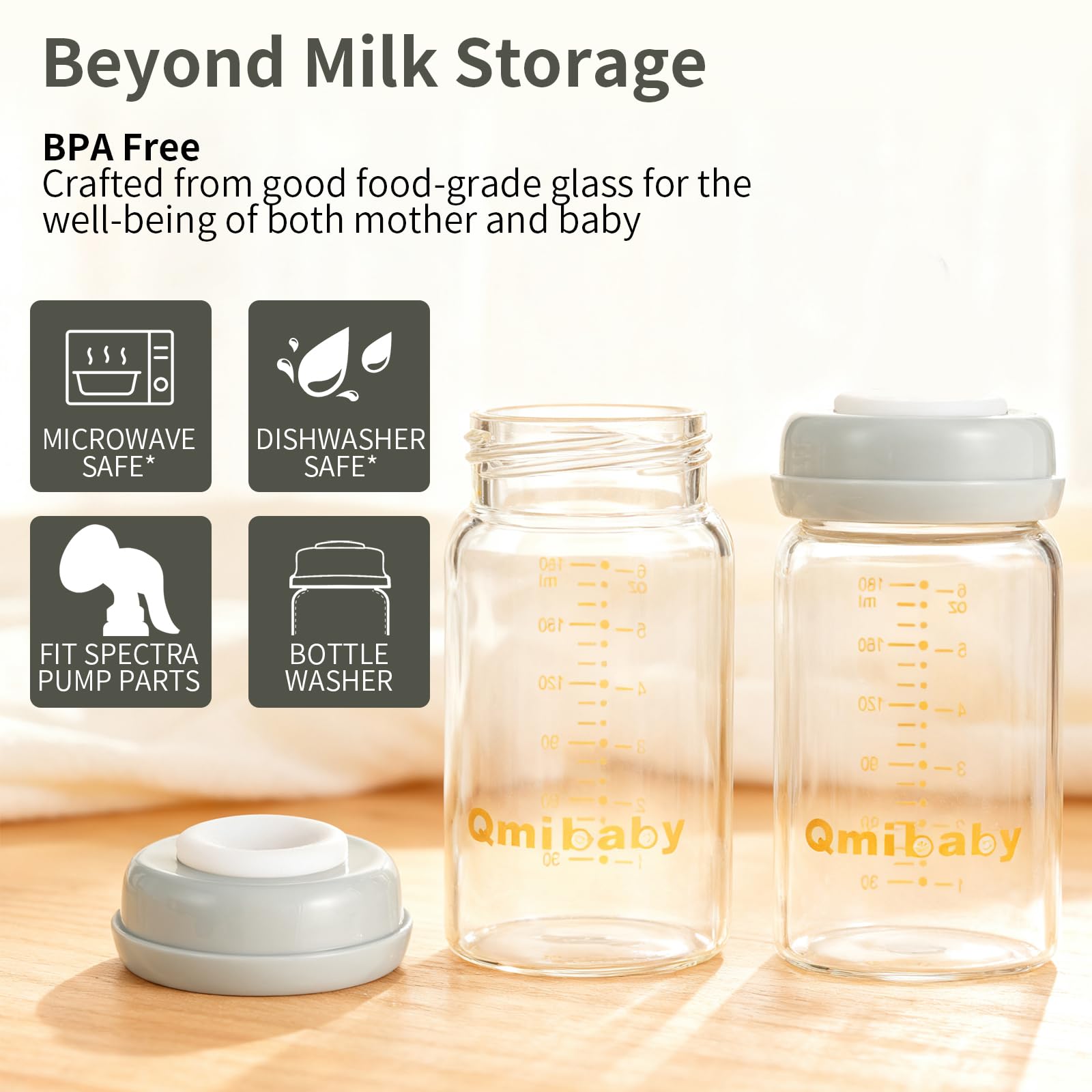Qmibaby Glass Breastmilk Storage Bottles 180ml 6oz BPA-Free Leak-Proof Natural Baby Bottle for Breastmilk Storage Wide Neck Bottles with Screw Ring Sealing Disk Breastfeeding (Grey, 180ml-2Packs)