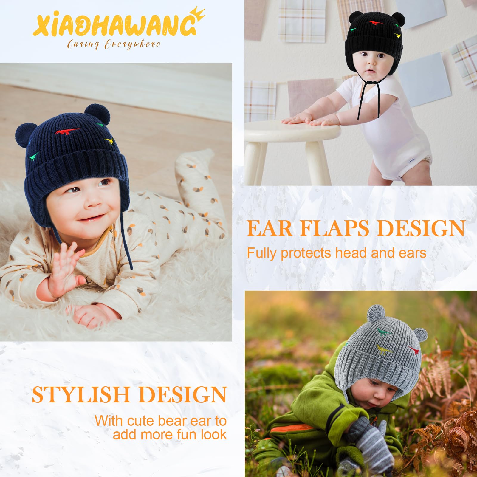 XIAOHAWANG Cute Bear Infant Winter Hat Toddler Knit Baby Beanie Boys Girls Dinosaur Beenies Hats with Ear Flaps(T-Grey,2-3 Years)