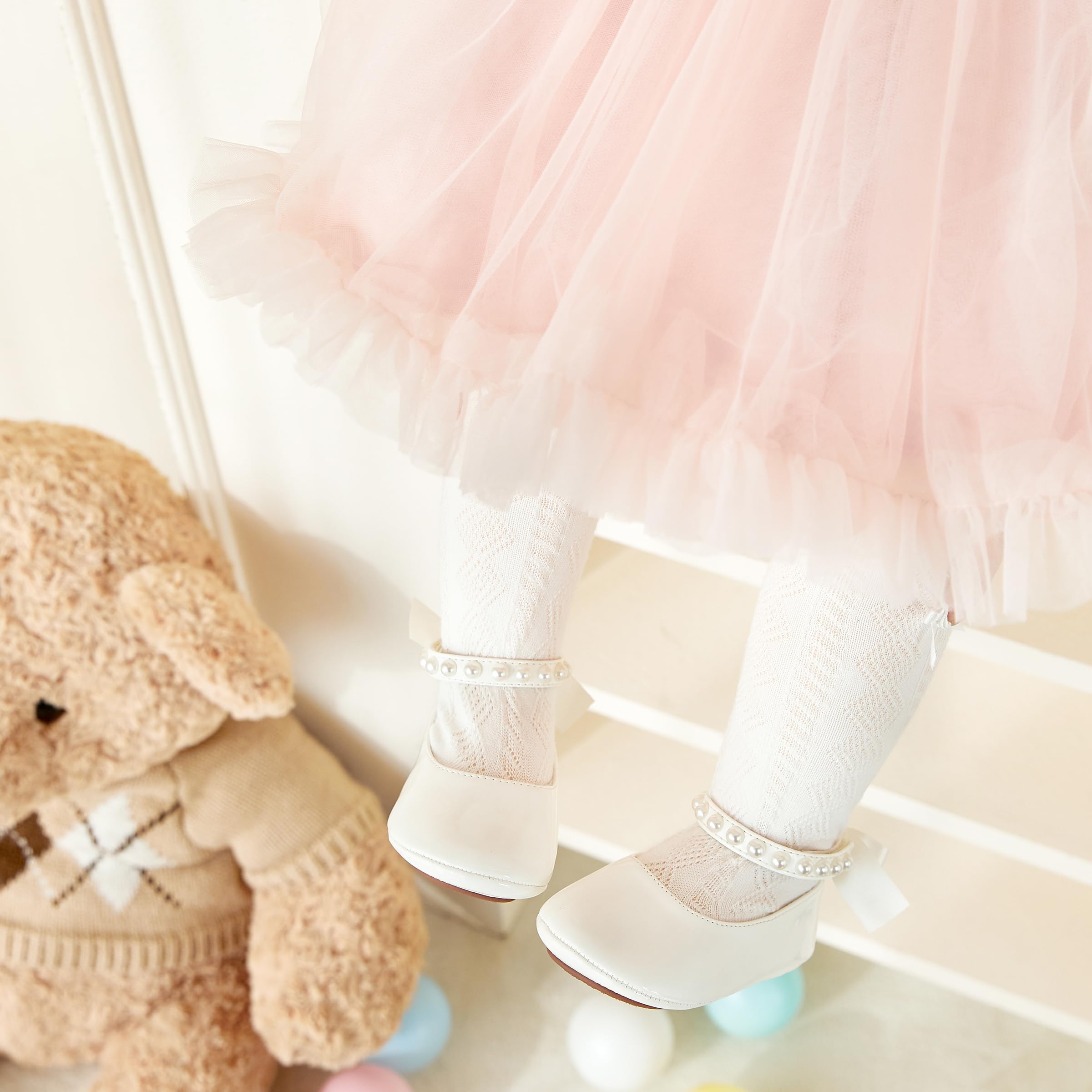 PHIRAMIN Baby Girls Ivory White Mary Jane Flats - Infant 12-18 Months Walking Shoes Soft Rubber Sole Princess Wedding