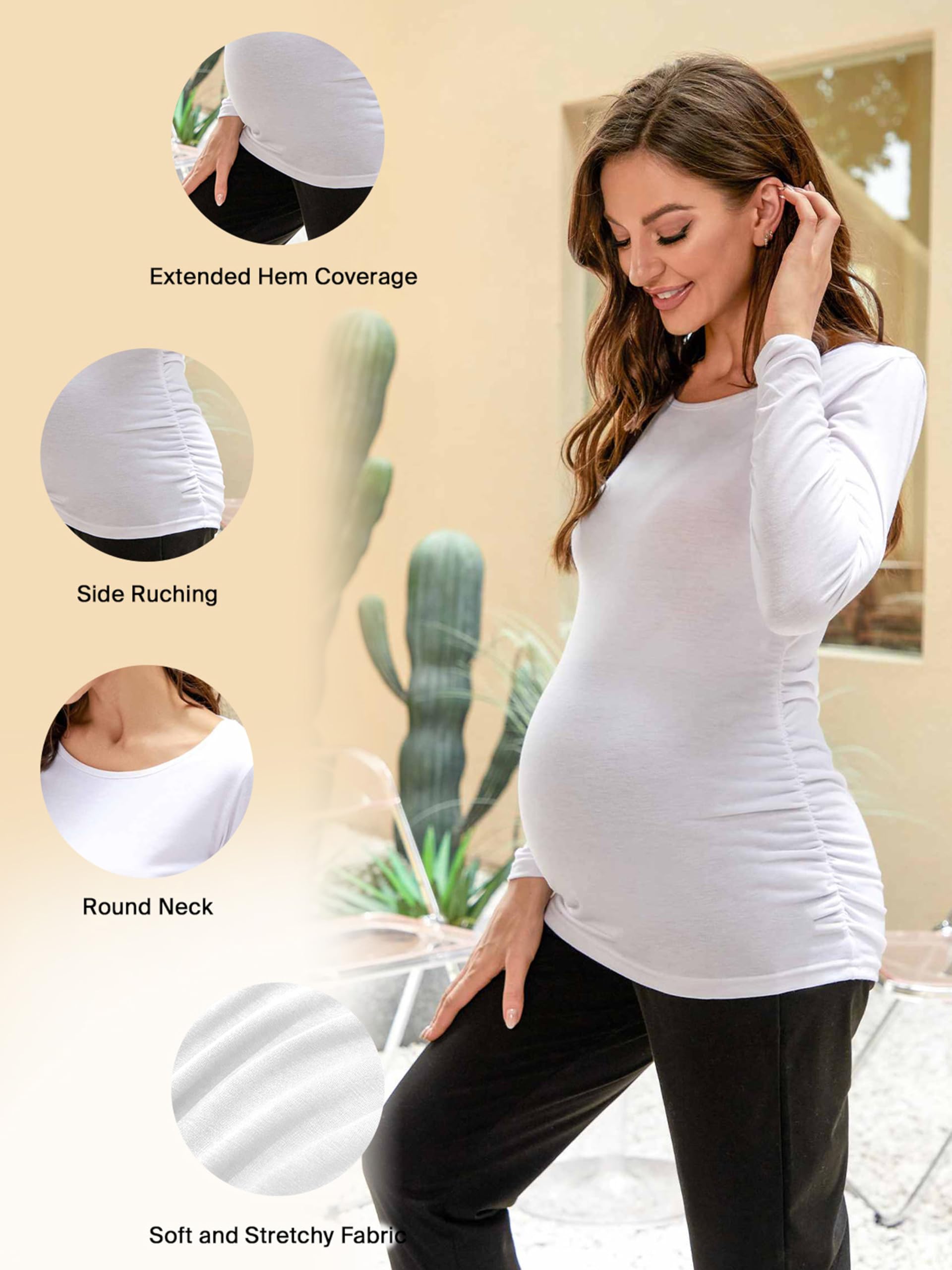 Ecavus Women's 4-Pack Maternity Shirts Long Sleeve Soft Stretchy Pregnancy Tops Side Ruched Casual Mama Clothes