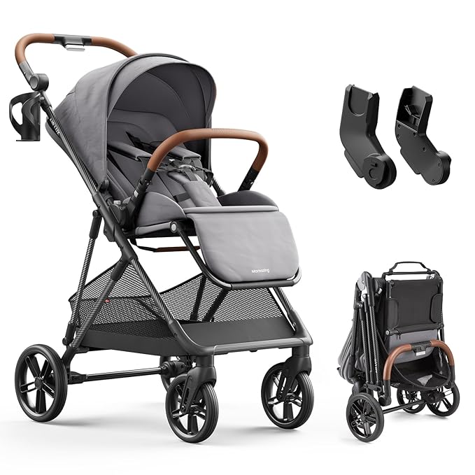 MAMAZING Air Lux Baby Stroller with Carbon Fiber Frame, One-Hand Fold & Reversible Seat, Magnetic 5-Pt Harness, Car Seat Adapter, 15.8lbs, Cinder