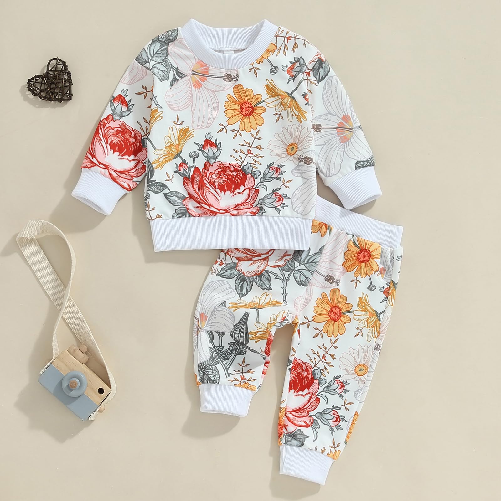 Fernvia Toddler Baby Girl Clothes 3 6 9 12 18 24 Months Fall Outfits Solid Long Sleeve Sweatshirt Tops + Pants Set (White-floral, 2-3 Years)
