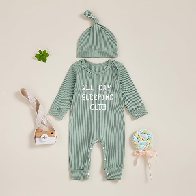 Fernvia Newborn Baby Boy Clothes Letters Print Bodysuit 3 6 9 12 18 Months Long Sleeve Jumpsuit with Hat 2PCS Outfits Set