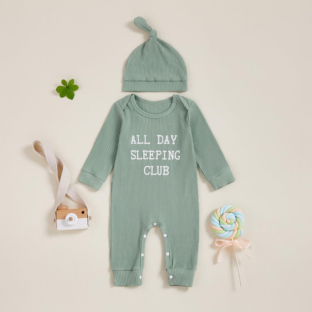 Fernvia Newborn Baby Boy Clothes Letters Print Bodysuit 3 6 9 12 18 Months Long Sleeve Jumpsuit with Hat 2PCS Outfits Set (A Green, 3-6 Months)