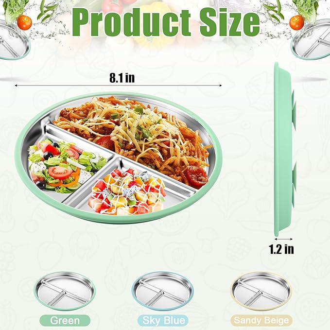 BUSOHA 3 Pack Stainless Steel Kids Plate with Suction - 8.1” Divided Toddler Baby Plates with Silicone Sleeves Non-Slip 2-in-1 Anti Breakage Metal Toddler Bowls Microwave Dishwasher Safe