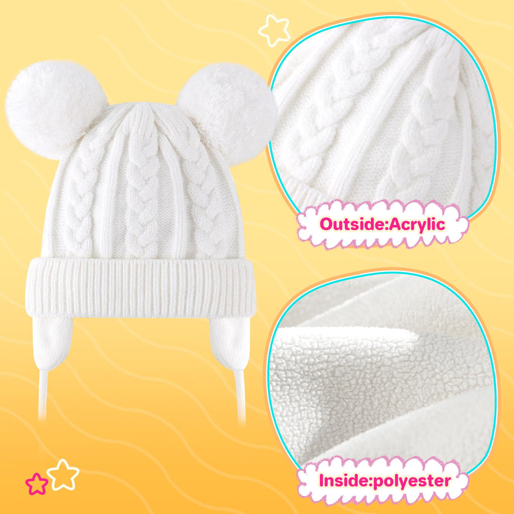 Duoyeree Toddler Winter Hat, Earflap Double Pom Pom Knit Beanie 0-36M