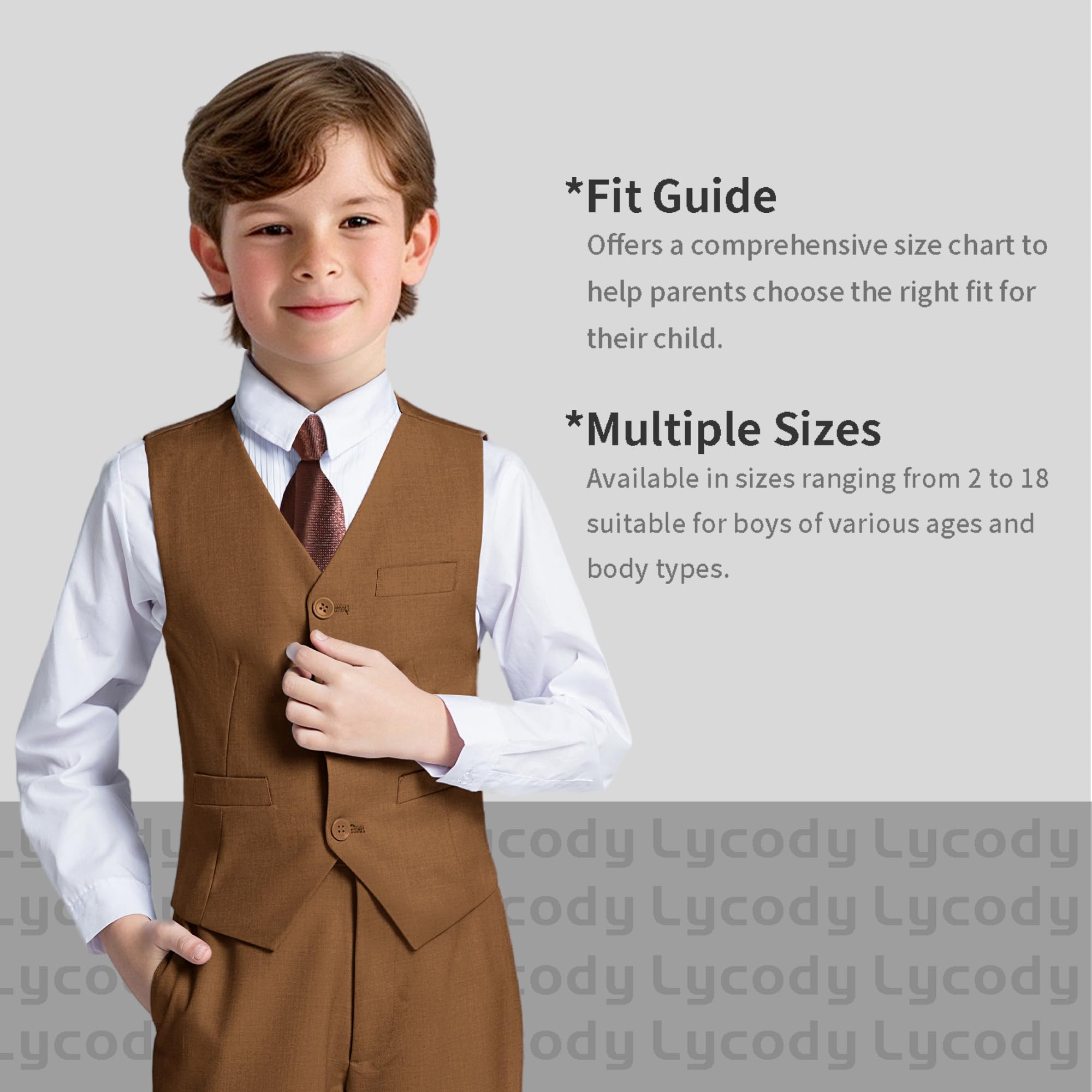 Lycody Boys Suit Vest Set Formal Dress Suits Wedding Outfit, Brown, Size 18