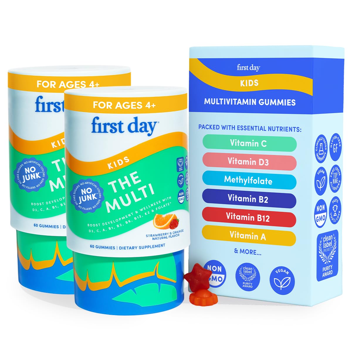 First Day Kids Multivitamin Gummies with Organic Fruit & Veggie Blend,60 ct
