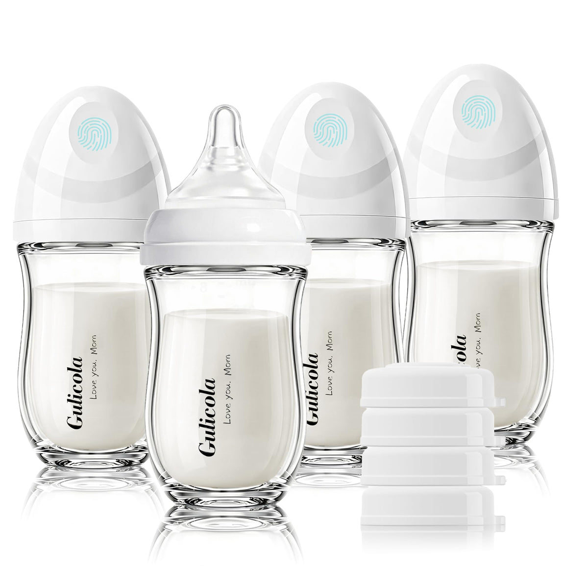 Gulicola Natural Glass Baby Bottle 4 Pack, Newborn Breastfeeding Bottles Set, Extra Slow Flow Nipples (SS), Anti Colic, 0 Months+, 5 oz - Pink