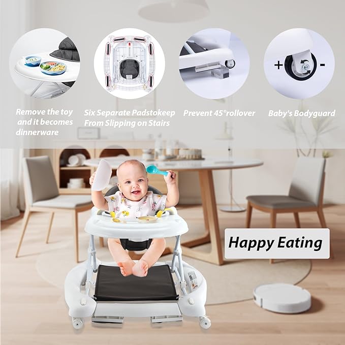 5-in-1 Baby Walker, Baby Walkers for Boys Girls 6-18 Months, Foldable Activity Walker, Toddler Infant Walker with Bouncer, Adjustable Height, Removable Footrest, Feeding Tray, Music