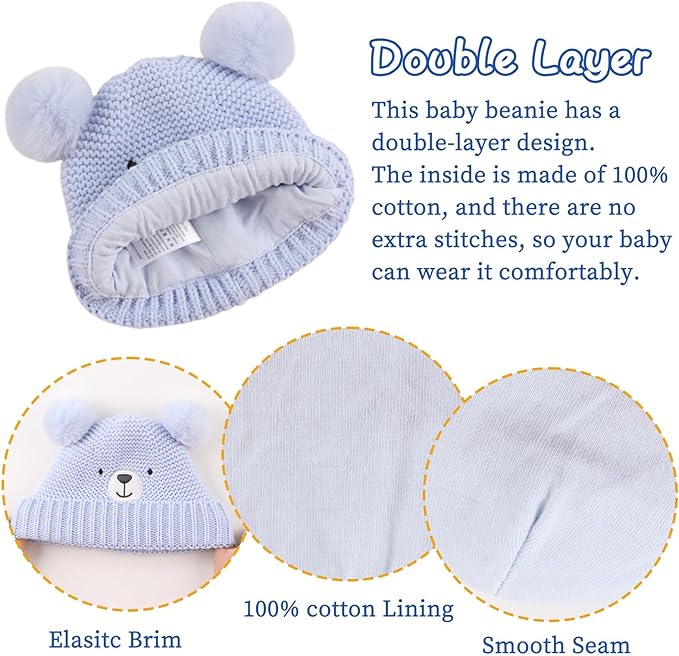 JANGANNSA Cute Bear Baby Beanie Pompom Baby Boys Hat Infant Toddler Winter Knitted Beanies for Girls