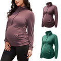 GINKANA Women's Maternity Sweatshirt Long Sleeve Kangaroo Pocket Shirt Casual Pregnancy Lapel Sweatshirt Half Zipper Tops,Burgundy+Green,M
