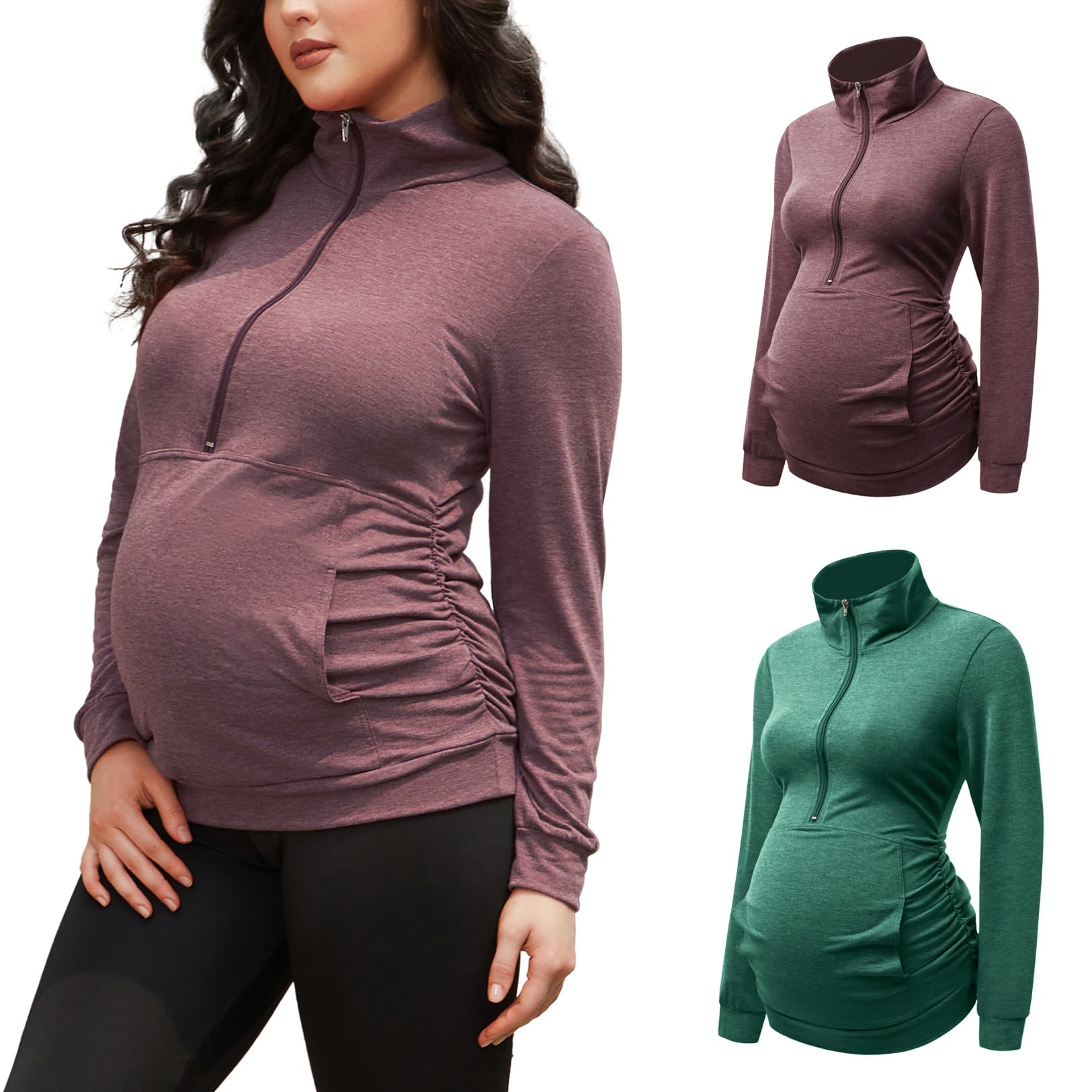 GINKANA Women's Maternity Sweatshirt Long Sleeve Kangaroo Pocket Shirt Casual Pregnancy Lapel Sweatshirt Half Zipper Tops,Burgundy+Green,M
