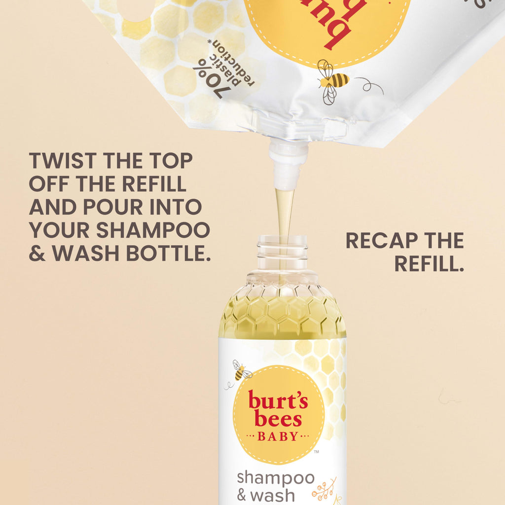 Burt's Bees Baby Shampoo and Baby Wash Refill, Original, Plant-Based Formula, Tear-Free, Pediatrician-Tested, Natural Origin, Gently Cleans Sensitive Skin and Hair, 33.8 Fl Oz