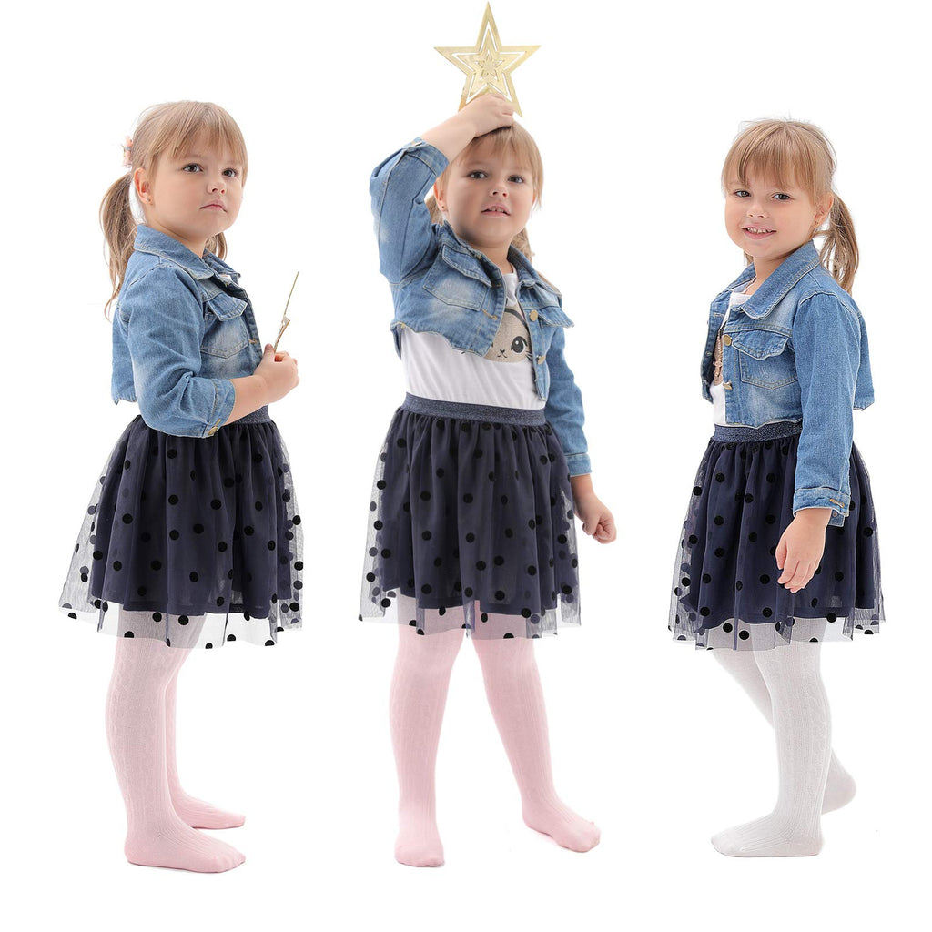 EPEIUS Baby Tights Toddler & Little Girls Cable Knit Tights Solid Cotton Stockings Seamless Footed Leggings Pantyhose Baby Clothes Dress Tights 6-8 Years,3 Pack,Pink/White/Light Grey