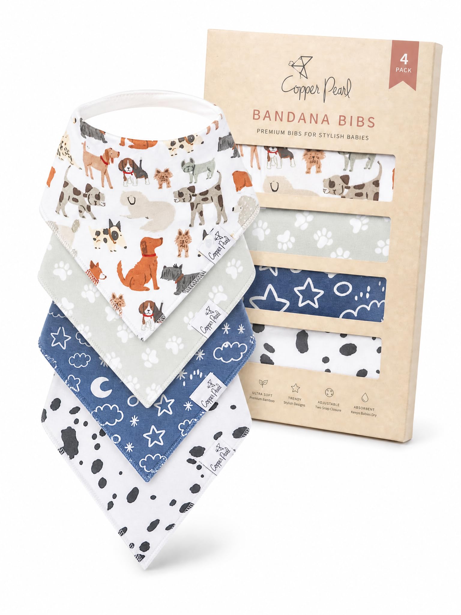 Copper Pearl Baby Bibs for Baby Boy or Girl – Bandana Drool Bibs for Teething, Absorbent Bibs for Eating, Newborn to Toddler, 4 Pack, Rufus