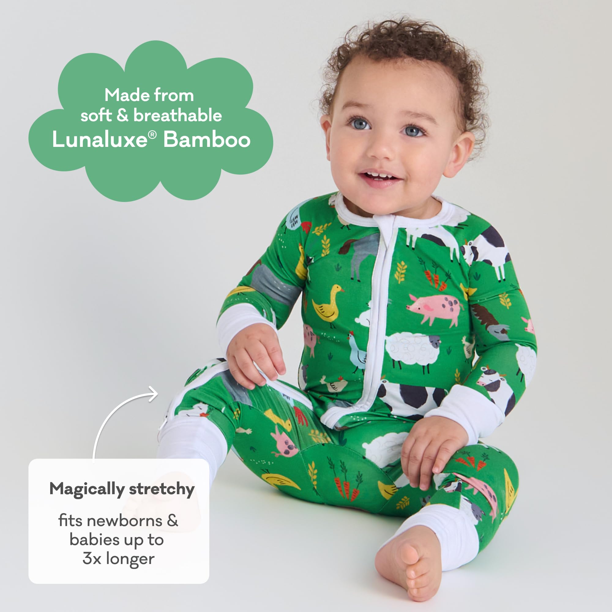 Little Sleepies Baby Pajamas, Green Farm Animals, 6-12M