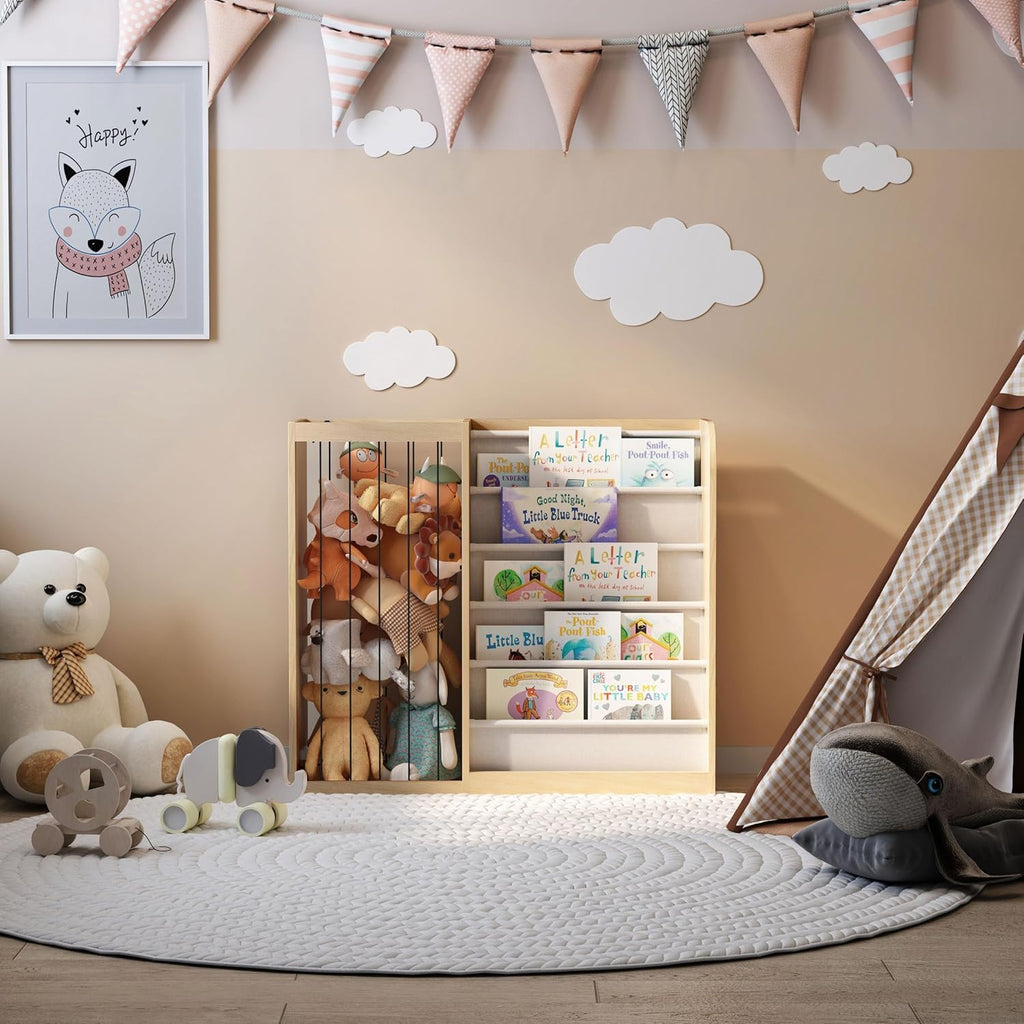 HedoAjim Natural Wood Kids Bookshelf & Stuffed Animal Net Holder Plush Toy Storage Organizer Child Bookcase Toddler Baby Sling Book Rack for Playroom Bedroom Nursery Infant Boys Girls Preschool