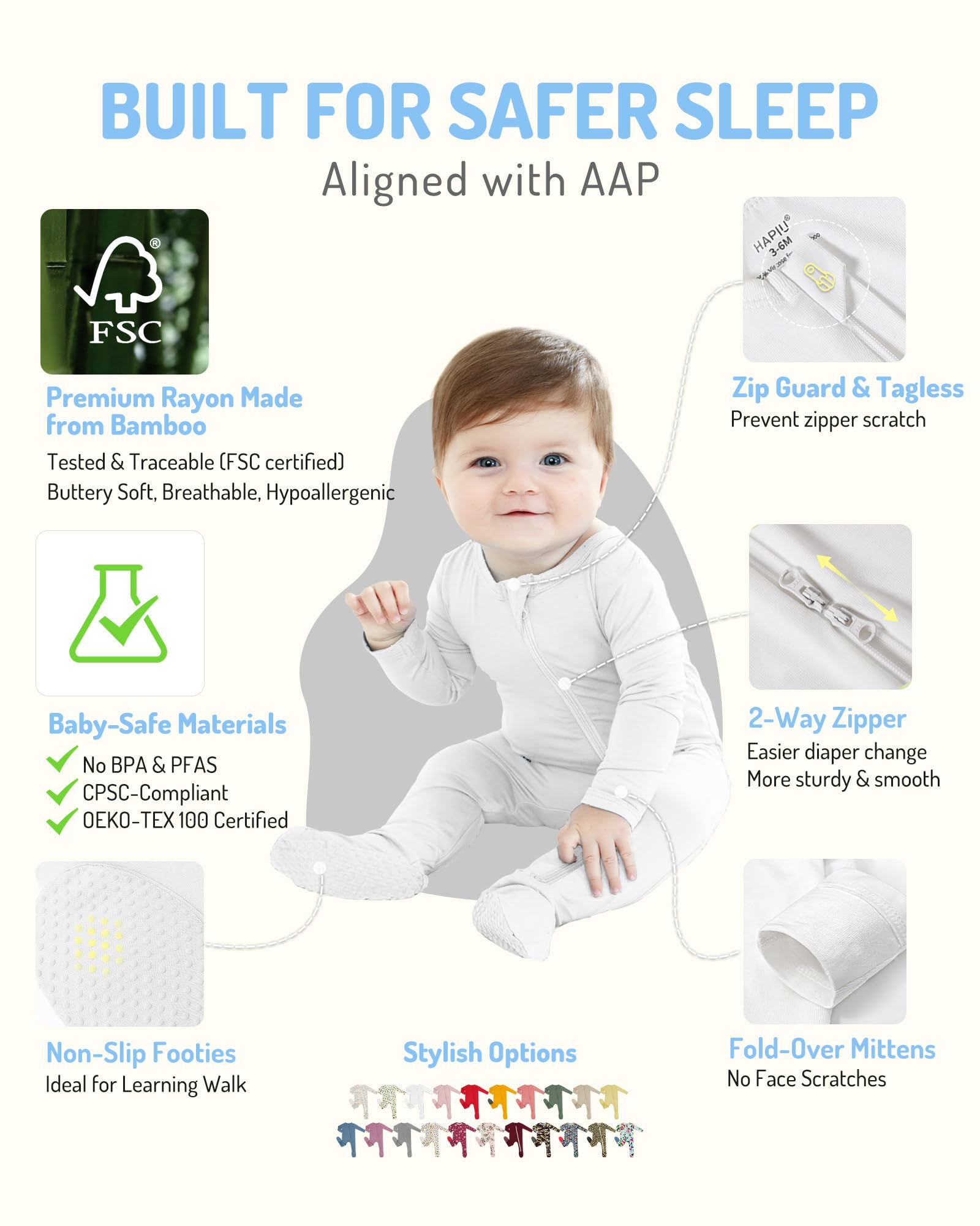 HAPIU Rayon from Bamboo Baby Footed Pajamas, 2 Way Premium Zipper, Footie for Baby Boy Girls, Newborn-24 Months, 2-Pack, Blush&Cloud, 12-18M
