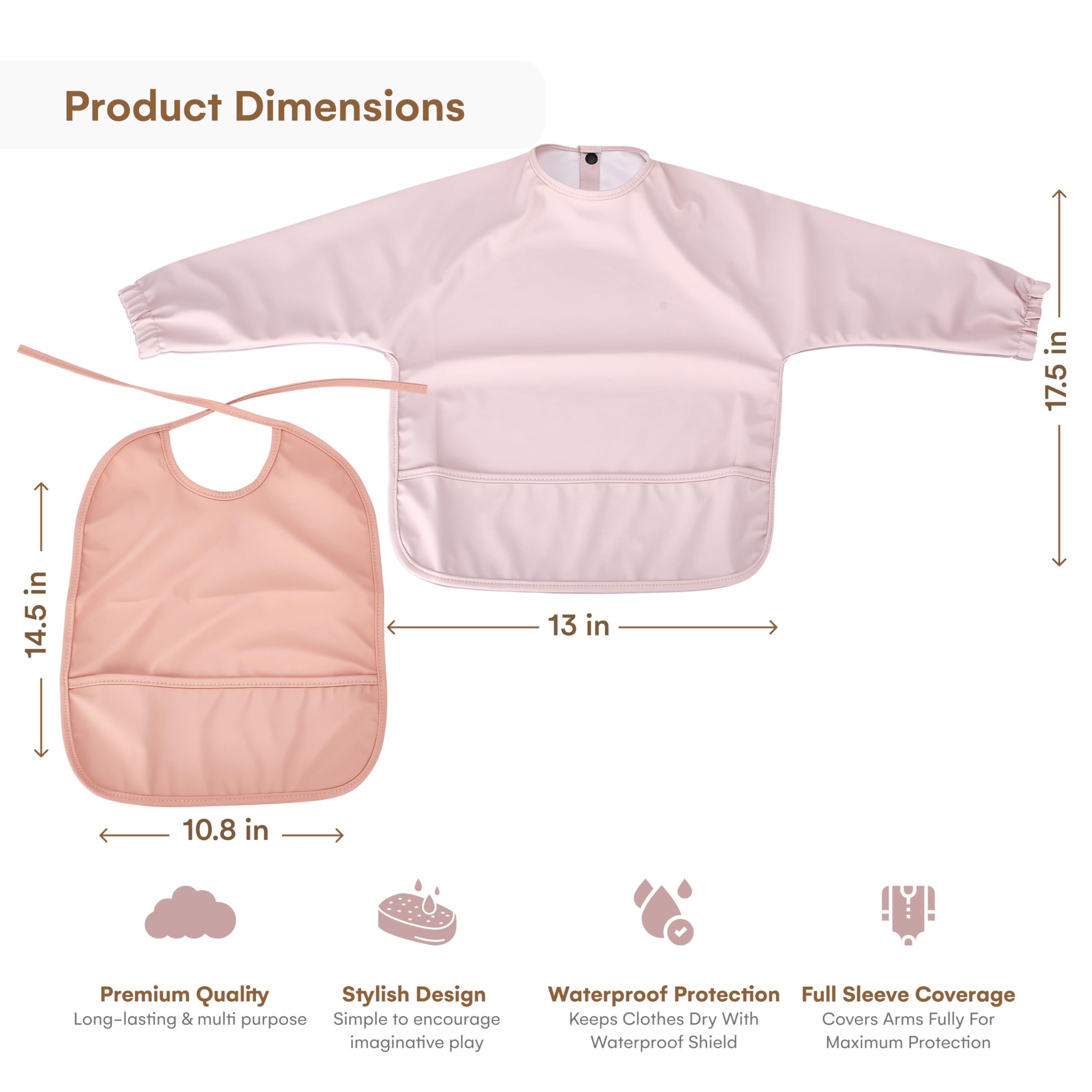 CHILDLIKE BEHAVIOR Baby Smock Bib - Set of 2 - Waterproof Travel Buddy, Mess-Proof Feeding - Long Sleeves, Gentle Closure - Two-Layer Cloth - Stress-Free Toddler Weaning - Sleeved Bib - Pink/Peach