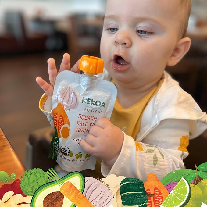 Kekoa Foods Squash & Kale with Turmeric Baby Food Purée | 100% USDA Certified-Organic Vegetarian | Organic, Non-GMO, Gluten-Free, Vegan | Flavorful & Nutritious First Food for Babies | 3.5 oz 36 Pack